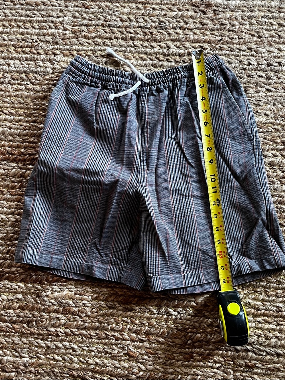 Noah NYC Gray Plaid Drawstring Shorts with Subtle Red Stripe, made in Italy